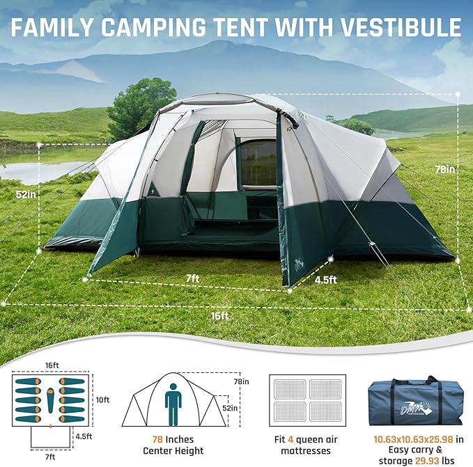 8/10/11 Person Camping Tent with Porch, Large Family Tents for Outdoor Camping, Big Dome Tent Includes Rainfly, Reflective Windproof Rope, Large Vestibule