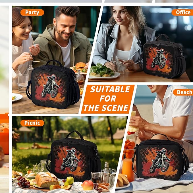 Doodle Motorcycle Lunch Bag Dirt Bike Lunch Boxes for Women/Man Office Work Travel, School, Work, Picnic, Durable Reusable Insulated Large Lunch Tote Bag with Adjustable Shoulder Strap