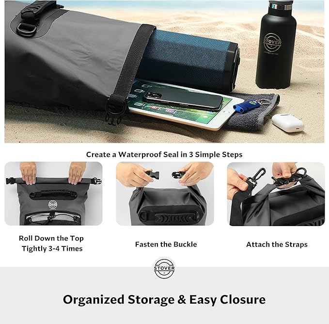 STOVER 5/10/25/30/40/55L Waterproof Dry Backpack- Medium Floating Dry Bag for Kayaking, Travel, Tubing, Hiking, Fishing, Camping, Motorcycles & Beach, Heavy-Duty Roll Top Men/Women (Black)