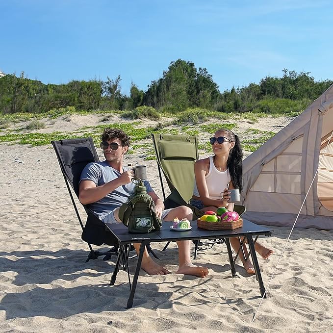 MOON LENCE High Back Folding Camping Chairs, Adjustable Height Beach Chair with Anti-Sinking Feet & Widened Seat (Khaki)
