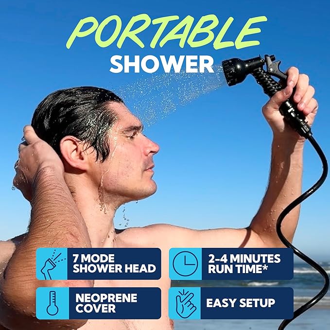 SUN NINJA Portable Shower, 2.1Gal Camping Shower with 7 Mode Shower Head, Neoprene Cover Helps Keep Water Warm, High Pressure Hose, Easy to Carry, Multi-Color