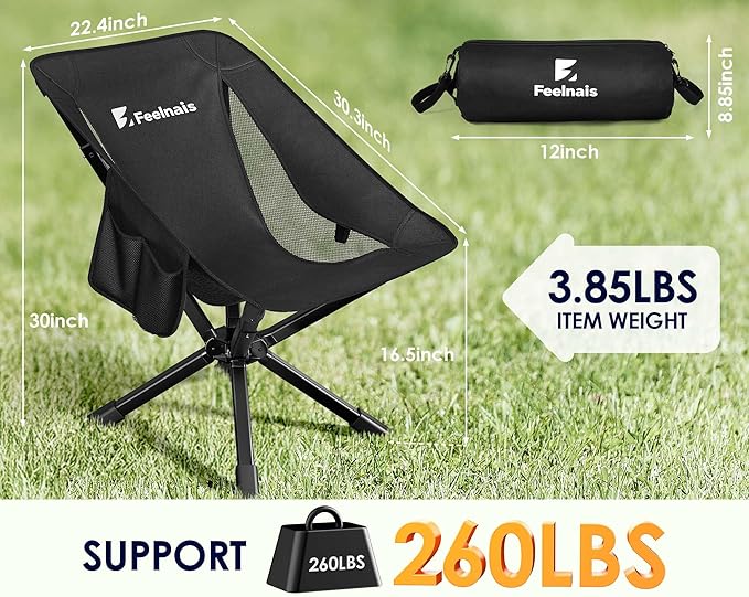 Portable Folding Camping Chair for Adults, Lightweight Backpacking Chairs with Side Pocket & Cooling Mesh Back, Compact Chairs - Supports 260 Lbs, Outdoor Chair for Camping, Beach, Sports