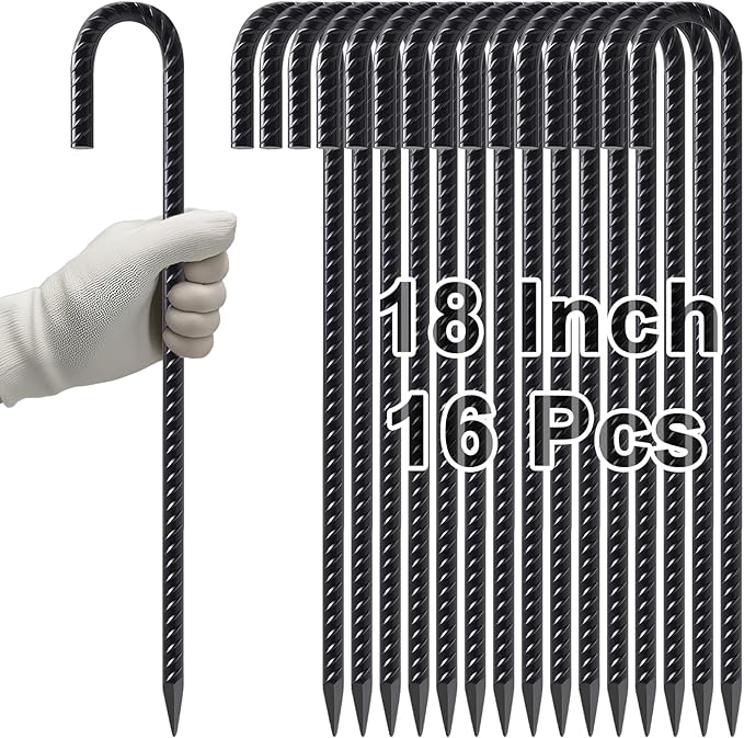 VVOKGO 18 Inch Ground Rebar Stakes, 16Pcs J Hook Extra Heavy Duty Rust Proof Coated Steel Ground Anchors with Chisel Point End for Camping Tent Canopy and Link Fence