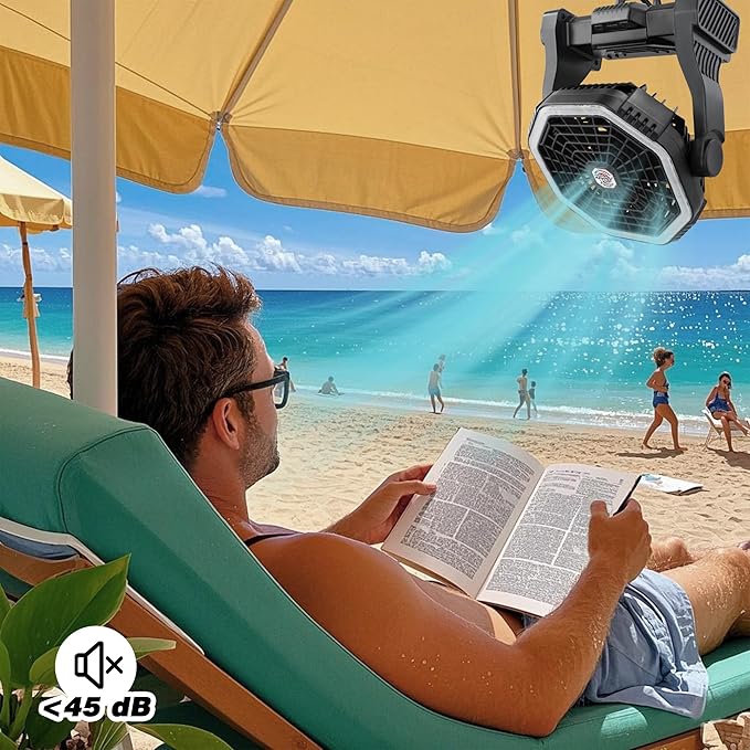 Roykaw Portable Camping Fan with 10400 mAh Rechargeable Battery, 36 Hrs Work, Ultra-bright LED Light & Cordless, Fit for Tent, Fishing, Bedroom, Office, Hurricane