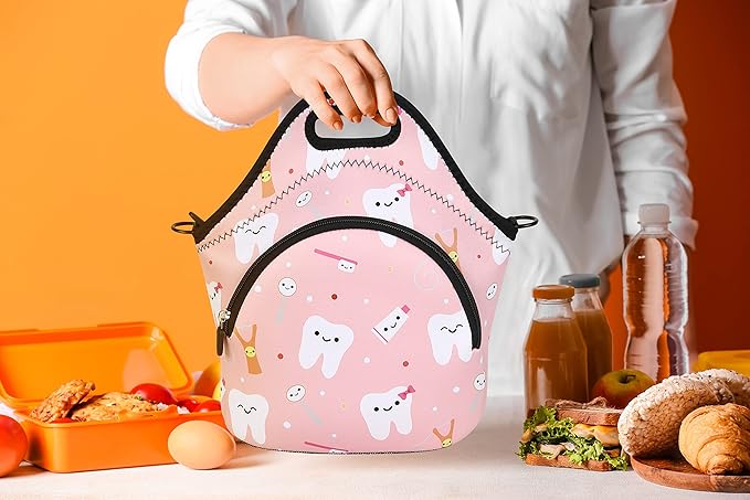 Violet Mist Neoprene Thermal Insulated Lunch Bag Tote for Women, Soft Large with Extra Pocket, Adjustable Shoulder Strap, Pink Teeth