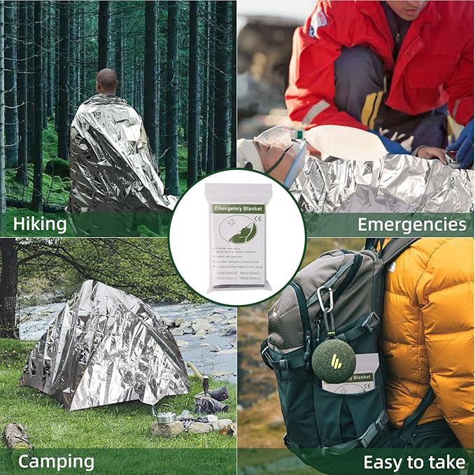 4 Pack Emergency Blanket, Premium Mylar Bankets, Thermal Blanket for Camping, Space Blankets Survival, Foil Blankets for Warmth, Heat Reflective Blanket for Outdoors, Hiking, Marathons, First Aid