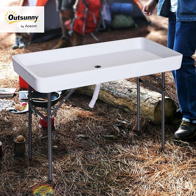 Outsunny 4FT Portable Folding Fish Fillet Cleaning Table Camping Picnic Ice Party Desk with Sink