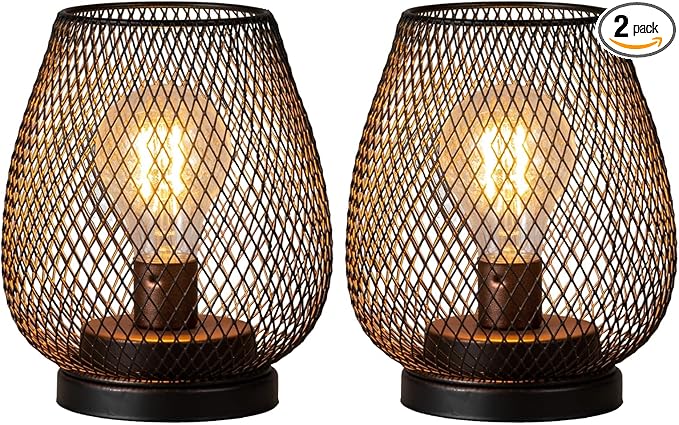 DECORKEY Set of 2 Battery Operated Lamp LED Table Lantern, Brown Metal Cage Cordless Lamps with LED Bulb,Vintage Decorative Outdoor Lantern for Weddings, Parties, Patio, Events for Indoors Shelf Decor