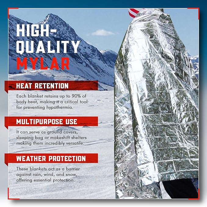 Emergency Blanket 4-Pack Space Mylar Blankets Survival Gear and Supplies Reusable Thermal Camping Hunting Essentials First Aid Car Emergency Kit Prepper Bug Out Bag Foil Warm Cat Cold Snow Winter