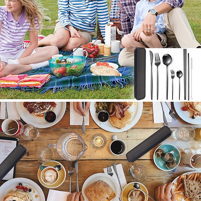AARAINBOW 8 Pieces Stainless Steel Flatware Set Portable Reusable Cutlery Set Travel Utensils Set Including Chopsticks Knife Fork Spoon Straws Cleaning Brush Dishwasher Safe (Black)