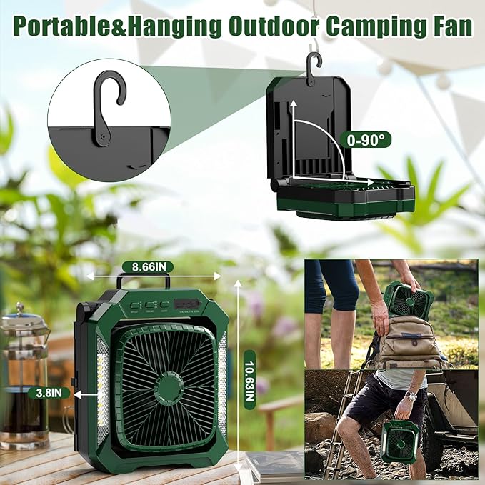 26800mAh Portable Camping fan Rechargeable, 2-in-1 Battery Powered Solar Fan with Detachable Solar Panel, 270° Rotation Personal USB Desk Fan with 3 Speed/Timer/LED Light/Hanging Hook for Outdoor