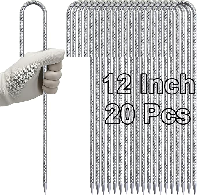 VVOKGO Rebar-Stakes-12-Inch Galvanized Ground Spikes,20 Pack J Hook Tent Stakes Heavy Duty Anti-Rust Fence Anchors with Chisel Point End, Securing Pins, Soccer Goals, Camping Tents, Garden Decoration