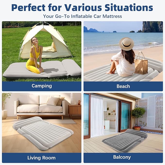 KMZ SUV Air Mattress Thickened Double Flocking Camping Mattress Upgraded Portable Sleeping Car pad Comfortable Inflatable Travel Bed with External Pump and 2 Pillows(Off-White and Light Gray)