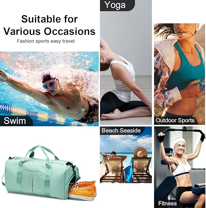 ZGWJ Sports Gym Bag with Wet Pocket & Shoes Compartment, Waterproof Shoulder Weekender for Women and Men Swim Travel Lightweight easy Carry on Green
