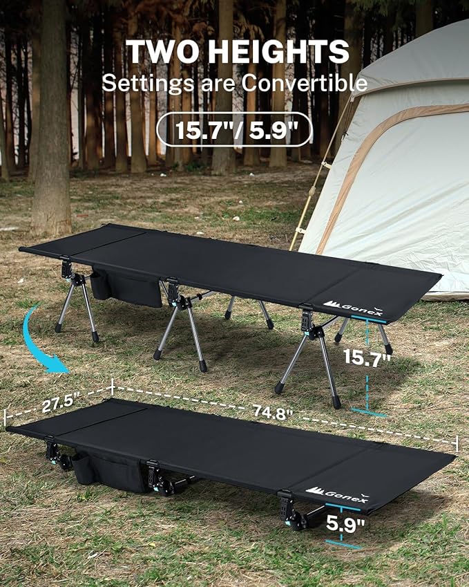 Gonex Camping Cot with Leg Extenders 2 in 1 Portable Ultralight Folding Cot for Adults Adjustable Height Supports 350lbs Sleeping Bed for Backpacking Travel Beach Home 74.8"x27.5"