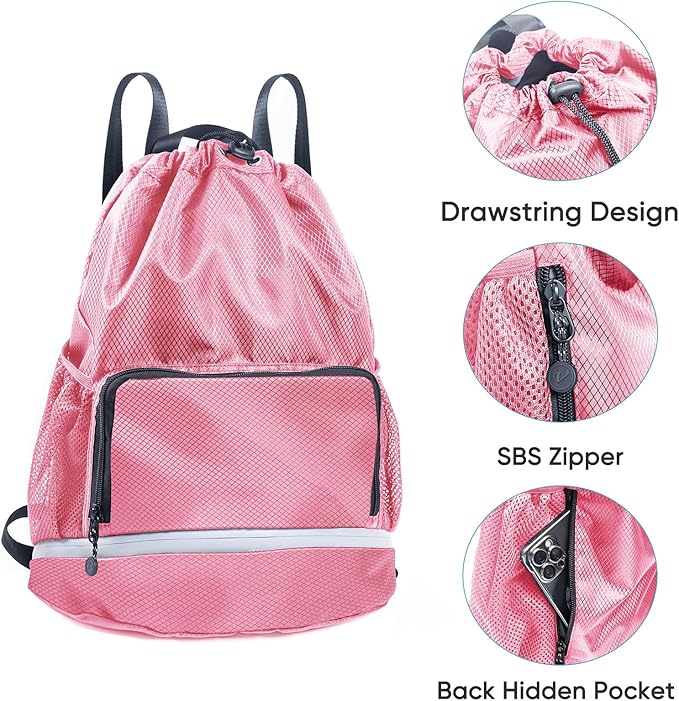 Beach Swim Bag Sports Drawstring Backpack - Gym Bag with Shoes Compartment and Waterproof Pocket for Accessories, Swim Essentials - Workout Bag