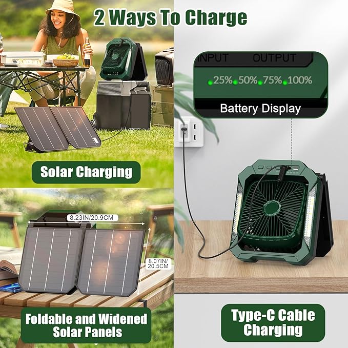 26800mAh Portable Camping fan Rechargeable, 2-in-1 Battery Powered Solar Fan with Detachable Solar Panel, 270° Rotation Personal USB Desk Fan with 3 Speed/Timer/LED Light/Hanging Hook for Outdoor
