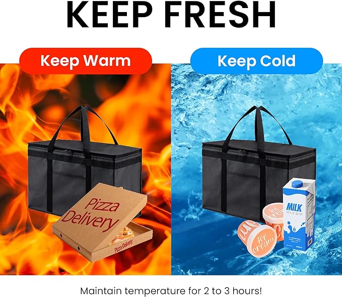 NZ home Insulated Cooler Bag and Food Warmer (XXL, 2 Pack) for Delivery & Grocery Shopping with Zippered Top, Black