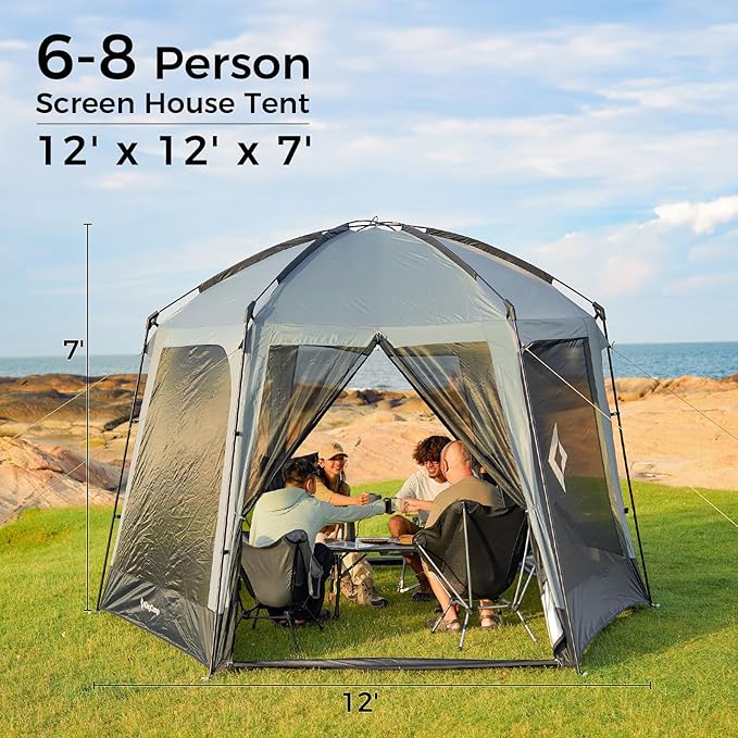 KingCamp Screen Tent, Camping Tent for 6-8 Person 12' x 12' Portable Screen House Room with Detachable Sunshade for Camping, Garden & Backyard