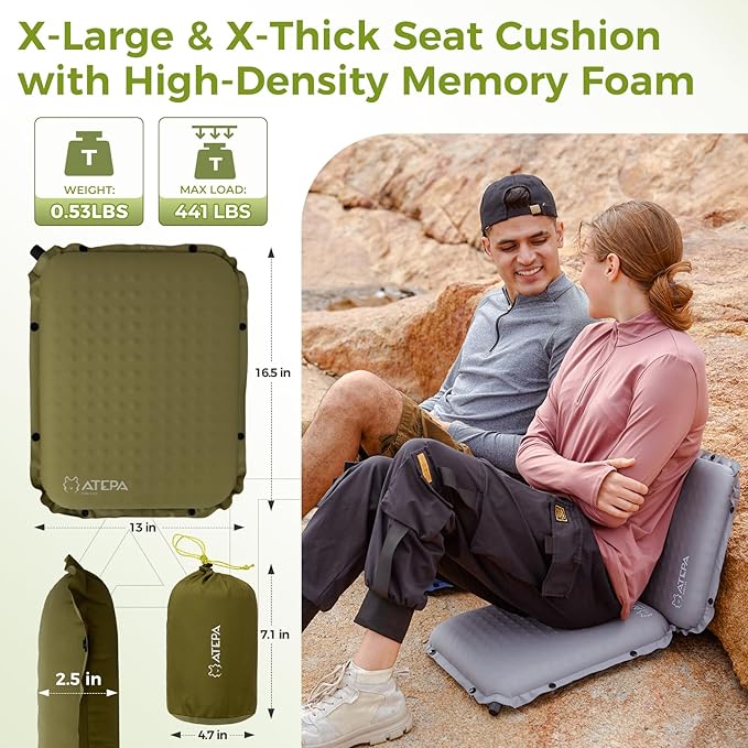ATEPA Inflatable Stadium Seat Cushion, Self-Inflating Memory Foam Stadium Seats Camping Accessories Chair Pad for Outdoor Airplane Travel Bleacher Patio Backpacking