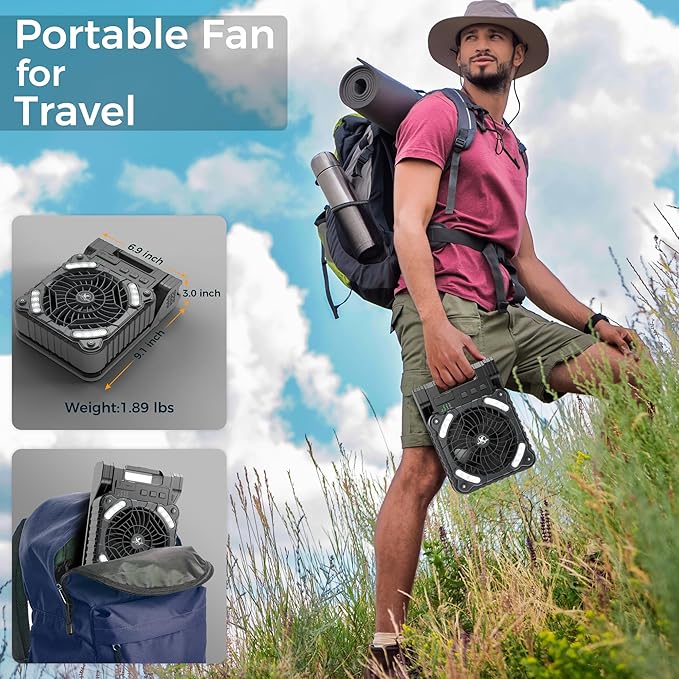 KITWLEMEN Solar Camping Fan with Lantern - Rechargeable Battery Operated Fan, 18H Run Time Max, 4 Speeds, 8H Timer, 90° Adjustable Portable Desk Fan for Hurricane, Power Outage, Outdoor Use