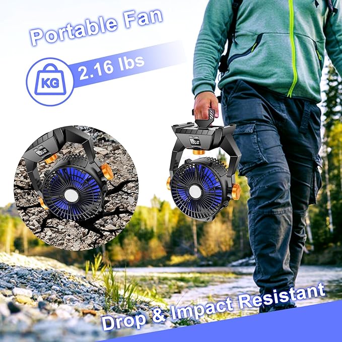 Camping Fan - Rechargeable Portable Battery Powered Camping Fans for Tents with LED Light, Power Display, Timers & 360° Hanging Hook, Ultra Quiet USB Personal Tent Fan for Fishing Travel Home Office