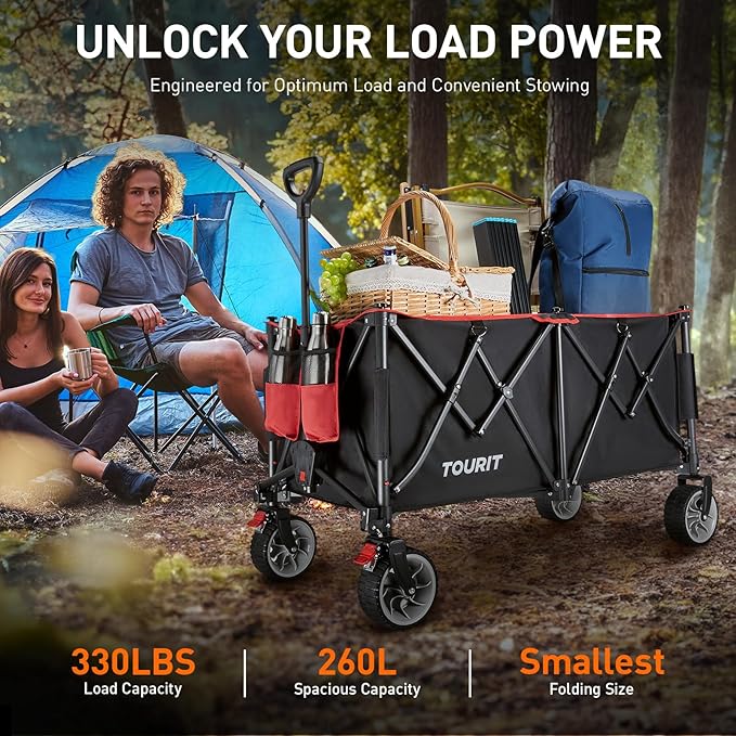 TOURIT 260L Collapsible Foldable Wagon with 330lbs Weight Capacity, Heavy Duty Folding Utility Garden Cart, Beach Wagon with Big Wheels & Drink Holders, Black