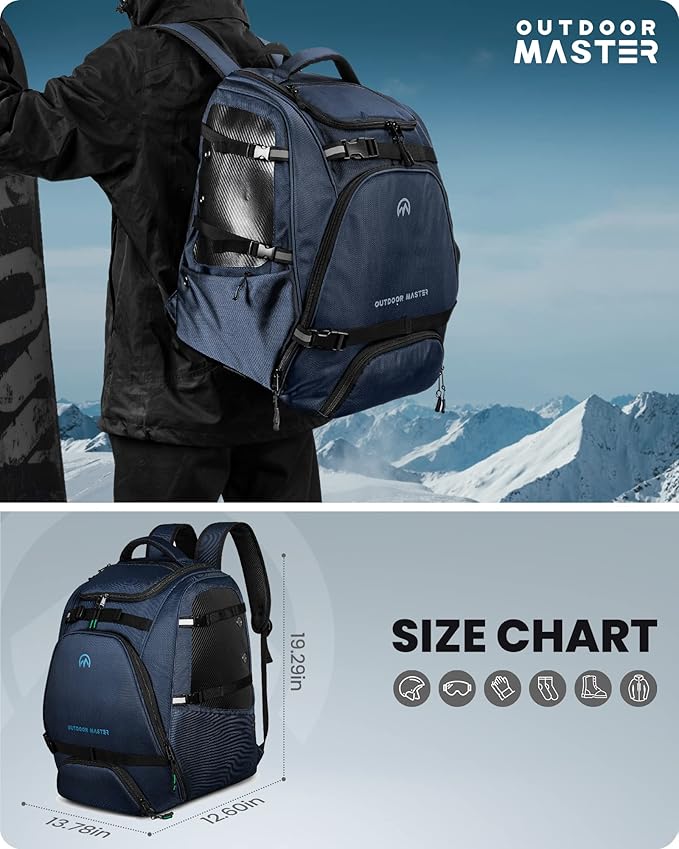 OutdoorMaster Ski Boot Bag, 50L Waterproof Snowboard Bag for Air Travel, Travel Boot Backpack for Ski Helmet, Goggles, Gloves, Skis, Snowboard & Accessories, for Men, Women and Youth - Blue
