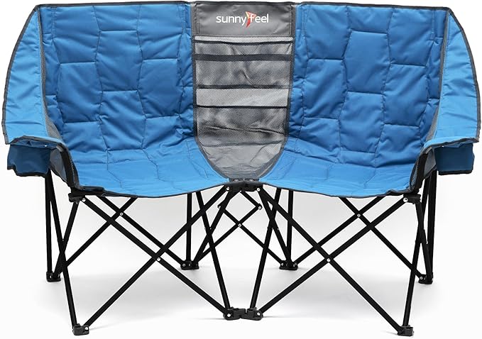 SUNNYFEEL Folding Double Camping Chair, Oversized Loveseat Chair, Heavy Duty Portable/Foldable Lawn Chair with Storage for Outside/Outdoor/Travel/Picnic, Fold Up Camp Chairs for Adults 2 People