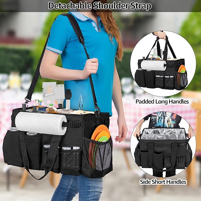 Large Grill Utensil Caddy with Paper Towel Holder, Outdoor Picnic Bag Organizer for BBQ Supplies Tool, Tailgating Accessory Basket Camping Gear Must Haves for Cook Essentials, Black, Bag Only