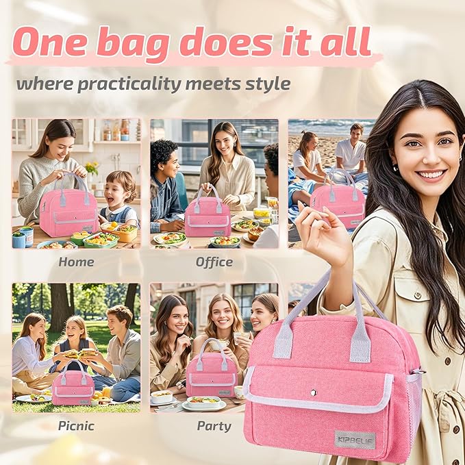 KIPBELIF Cute & Roomy Adult Lunch Box for Women – Stylish Insulated Lunch Bag with Cooling Pack, Shoulder Strap, Multi-Pockets for Work, Picnic (Standard Size) (Pink with Ice Pack)
