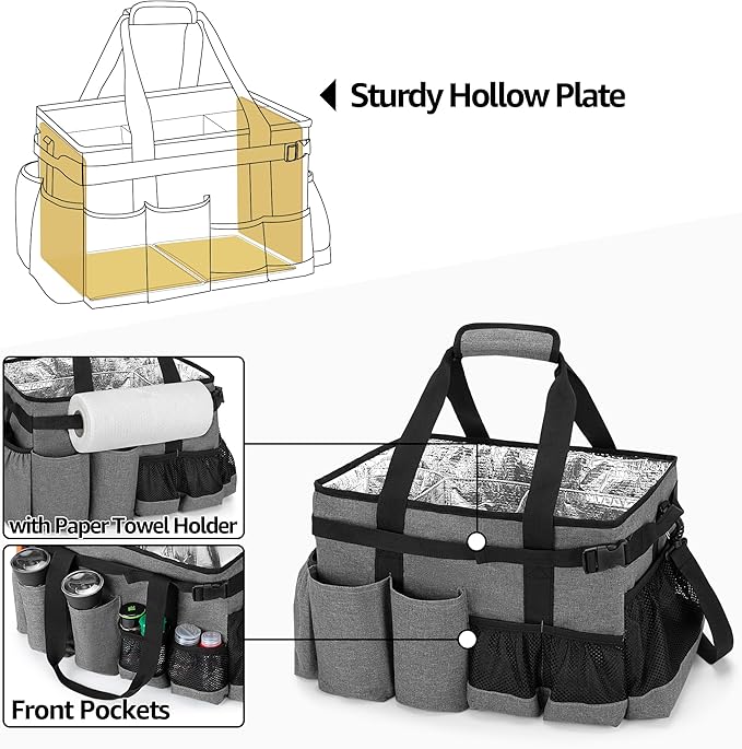 Large Grill Utensil Caddy with Paper Towel Holder, Outdoor Picnic Bag Organizer for BBQ Supplies Tool, Tailgating Accessory Basket Camping Gear Must Haves for Cook Essentials, Gray, Bag Only