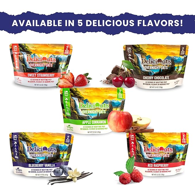 DeliciOats Overnight Oats | Dairy Free, Soy Free, Gluten Free Oatmeal for Backpacking, Camping, Emergency Food, and Everyday Breakfast (Pack of 1, Blueberry Vanilla)
