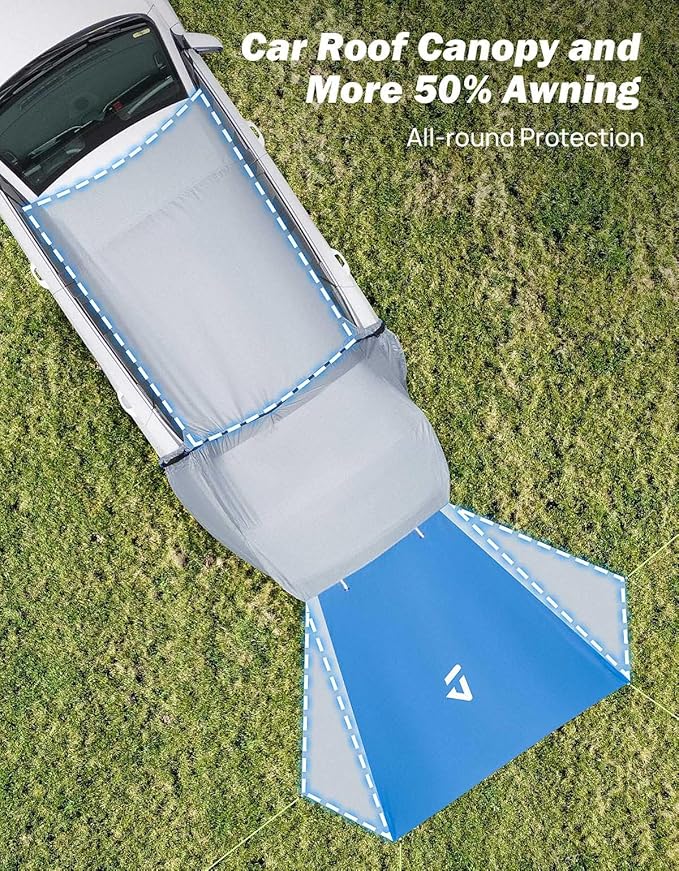 JOYTUTUS SUV Tailgate Tent with Three Sides Awning and Poles, Water Resistant SUV Camping Tent with Car Roof Cover, Outdoor Travel Preferred, Universal Fit Most SUV, Car, Blue