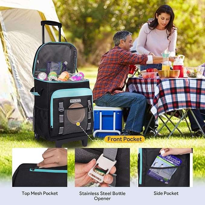 INSMEER Cooler with Wheels and Handle, 80 Cans/50L Rolling Cooler, Portable Soft Sided Coolers with Wheel, 2-in-1 Collapsible Cooler Trolley Cart, Large Coolers for Grocery Shopping