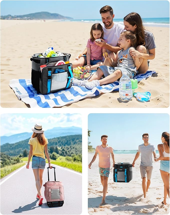 TOURIT 30L/50-Can Cooler with Wheels - 16Hrs Ice Retention Rolling Cooler with Retractable Handle & Oversized All-Terrain Tires, PU-Coated Waterproof Soft Cooler Bag for Camping, Beach Travel, Picnics