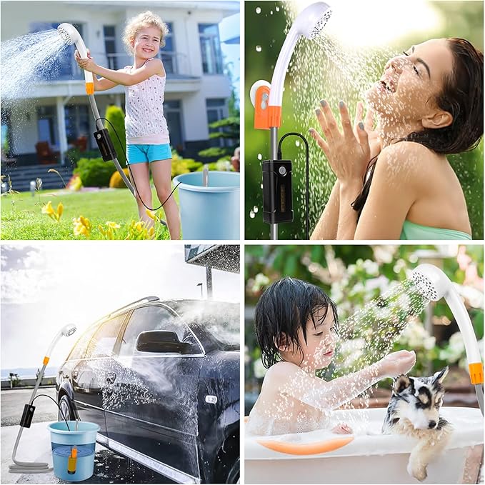 Portable Outdoor Shower with LED Lighting, Battery-Driven Pump for Beaches, Camping, Gardens & Hiking