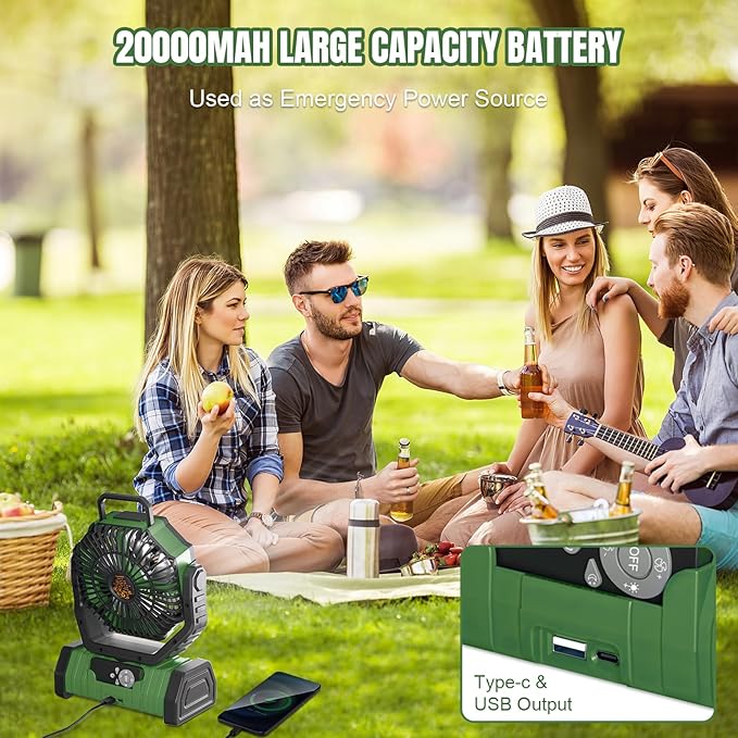 KEPEAK Rechargeable Camping Fan with LED Light, 20000Ah Battery Operated Powered Fan, 72H Runtime, Remote Control, 5.3m Airflow, Ultra-Quiet Portable Fan for Tents, Outdoor, Camping(Green)