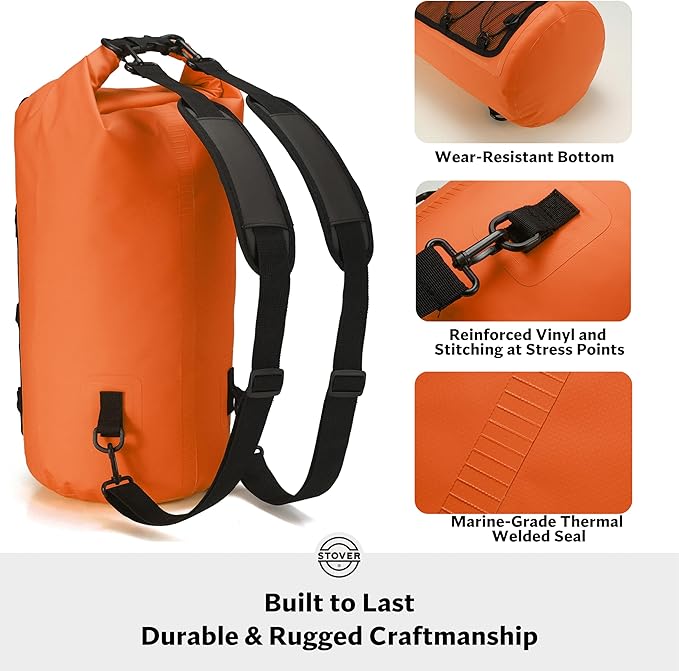 STOVER 5/10/25/30/40/55L Waterproof Dry Backpack- Medium Floating Dry Bag for Kayaking, Travel, Tubing, Hiking, Fishing, Camping, Motorcycles & the Beach, Heavy-Duty Roll Top Men/Women (Orange)