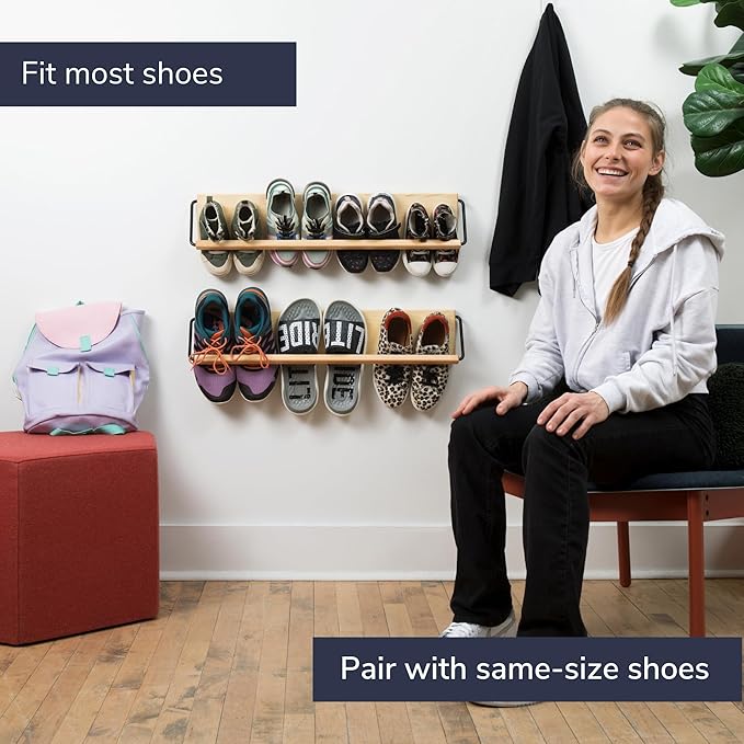 Wall Mounted Shoe Rack - A Wooden, Modern, Slim, and Small Shoe Storage Solution for Shoes and Boots in Narrow Spaces, entryways, or hallways. (30-in-Wide, Pack of 2)