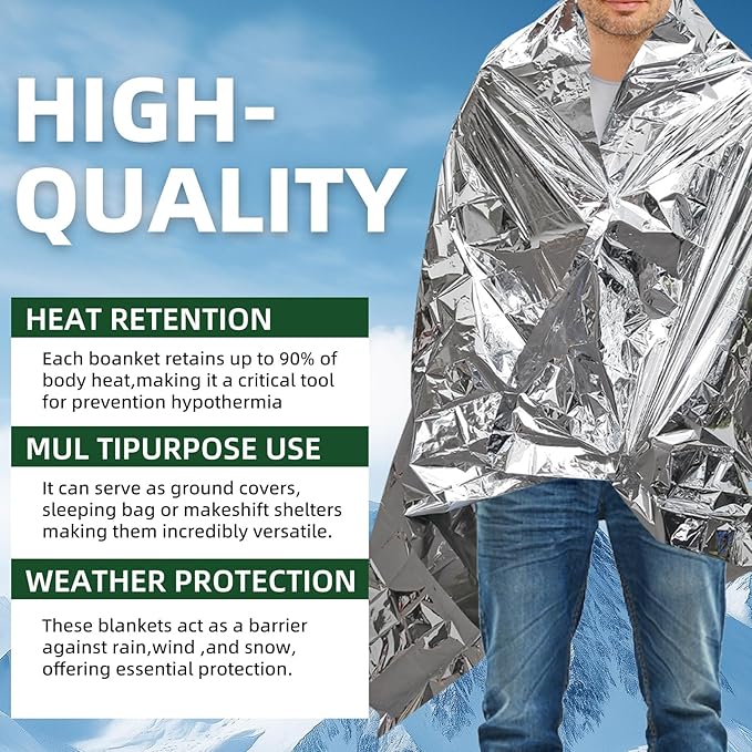 4 Pack Emergency Blanket, Premium Mylar Bankets, Thermal Blanket for Camping, Space Blankets Survival, Foil Blankets for Warmth, Heat Reflective Blanket for Outdoors, Hiking, Marathons, First Aid