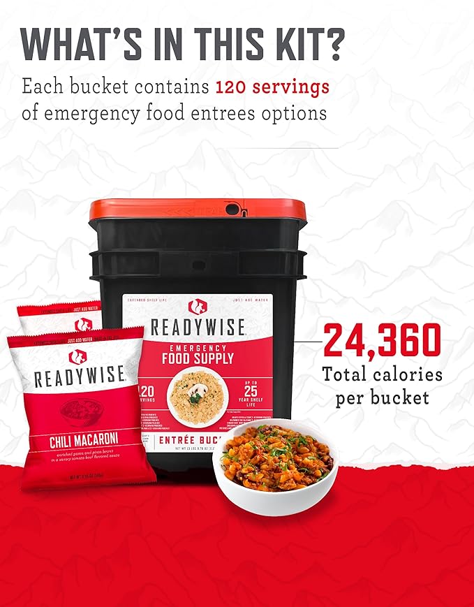 ReadyWise Emergency Food Supply - 100 Servings Favorites Sample Bucket, Survival Food Kit, Freeze Dried Prepper Food & Dehydrated Meals for Camping Essentials & Backpacking, up to 25 Year Shelf Life