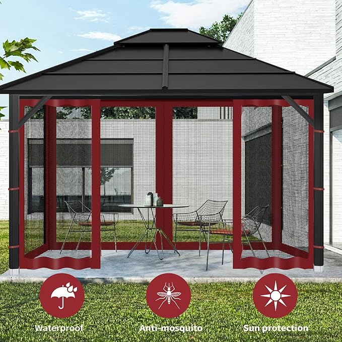 Gazebo Replacement Mosquito Netting Outdoor Universal Gazebo Canopy 4-Panels Screen Sidewalls with Zipper for Patio Garden (Red, 10x10)