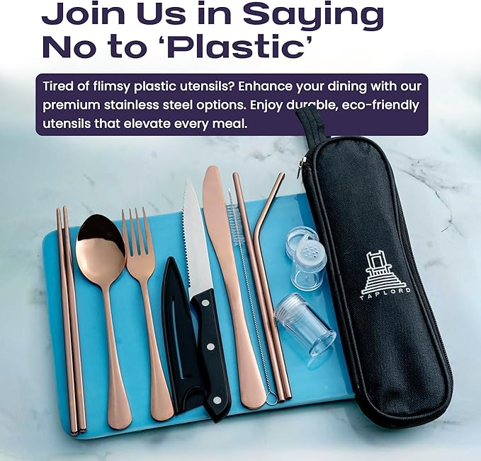 Portable Travel Silverware Set With Case, Includes 10 Pcs of Travel Utensils With Case, Stainless Steel Flatware Set For Camping, Lightweight (Rose Gold)