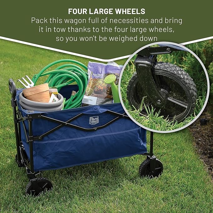TIMBER RIDGE Folding Collapsible Wagon, Utility Push Pull Beach Wagon with All-Terrain Universal Wheels, Heavy Duty Foldable Grocery Cart for Outdoor Garden Camping Shopping, Holds 225 lbs, Dark Blue