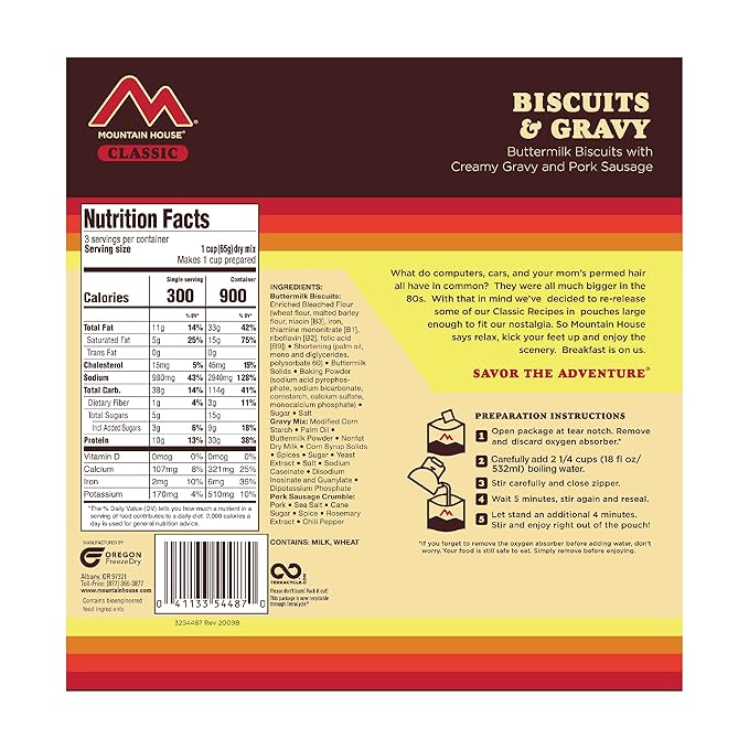 Mountain House Classic Biscuits & Gravy | Freeze Dried Backpacking & Camping Food | 3 Servings
