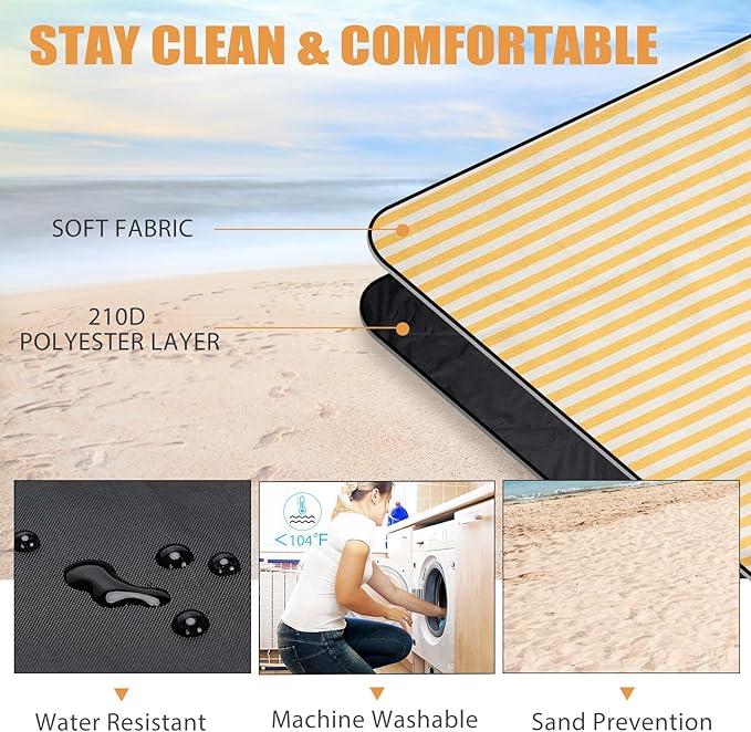 Picnic Outdoor Blankets Waterproof Extra Large - Beach Mat Sand Free Foldable with Carry Strap | Portable Camping Blanket | Park Blanket for Grass Park, Hiking, Travel, Concerts, Indoor (Yellow)