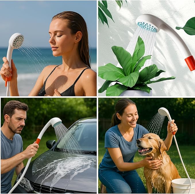 SEAFLO Portable Camping/Outdoor Shower, Rechargeable Battery, 2.64 Gallons Per Min, 40-Minute Runtime Outdoor Camping Pet Washing, Type-C Charging, 80" Hose (with or Without 2.6 Gallon Bucket)