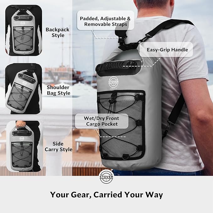 STOVER 5/10/25/30/40/55L Waterproof Dry Backpack- Medium Floating Dry Bag for Kayaking, Travel, Tubing, Hiking, Fishing, Camping, Motorcycles & the Beach, Heavy-Duty Roll Top Men/Women (Grey)