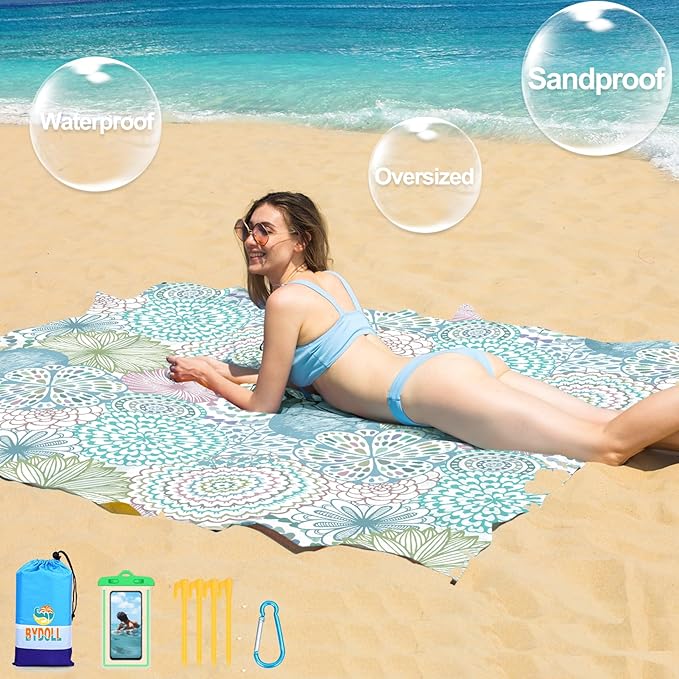 BYDOLL Beach Blanket 78''X81'' 4-7 Adults Oversized Lightweight Waterproof Sandproof Blanket for Beach Large Picnic Mat Travel Camping